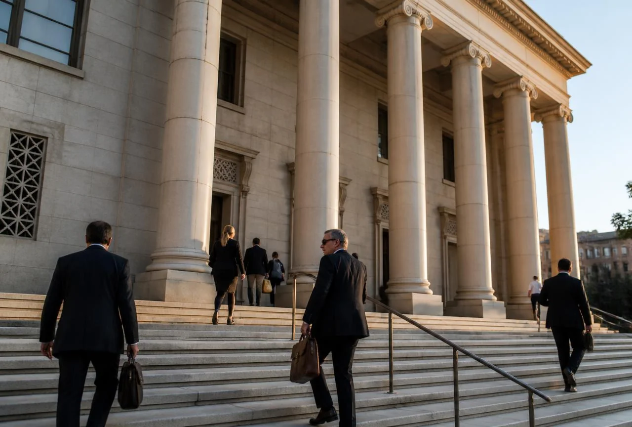 The exterior steps of a Southern California courthouse on a clear day