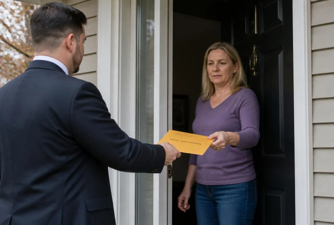 A process server delivering a sealed envelope of legal documents at a residence