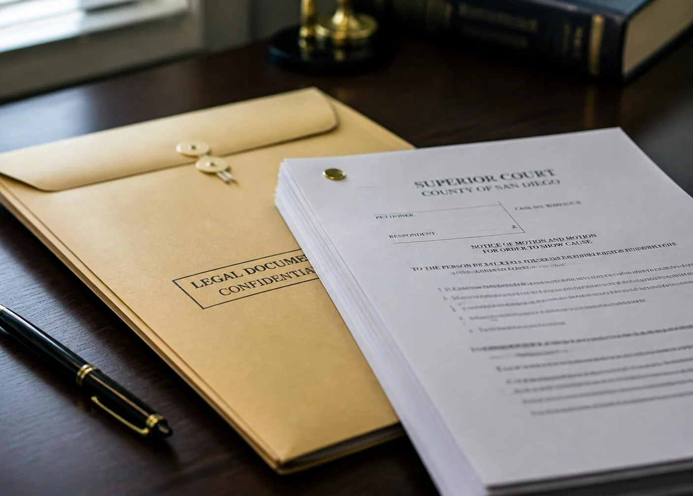 Court documents and a sealed legal envelope on a desk