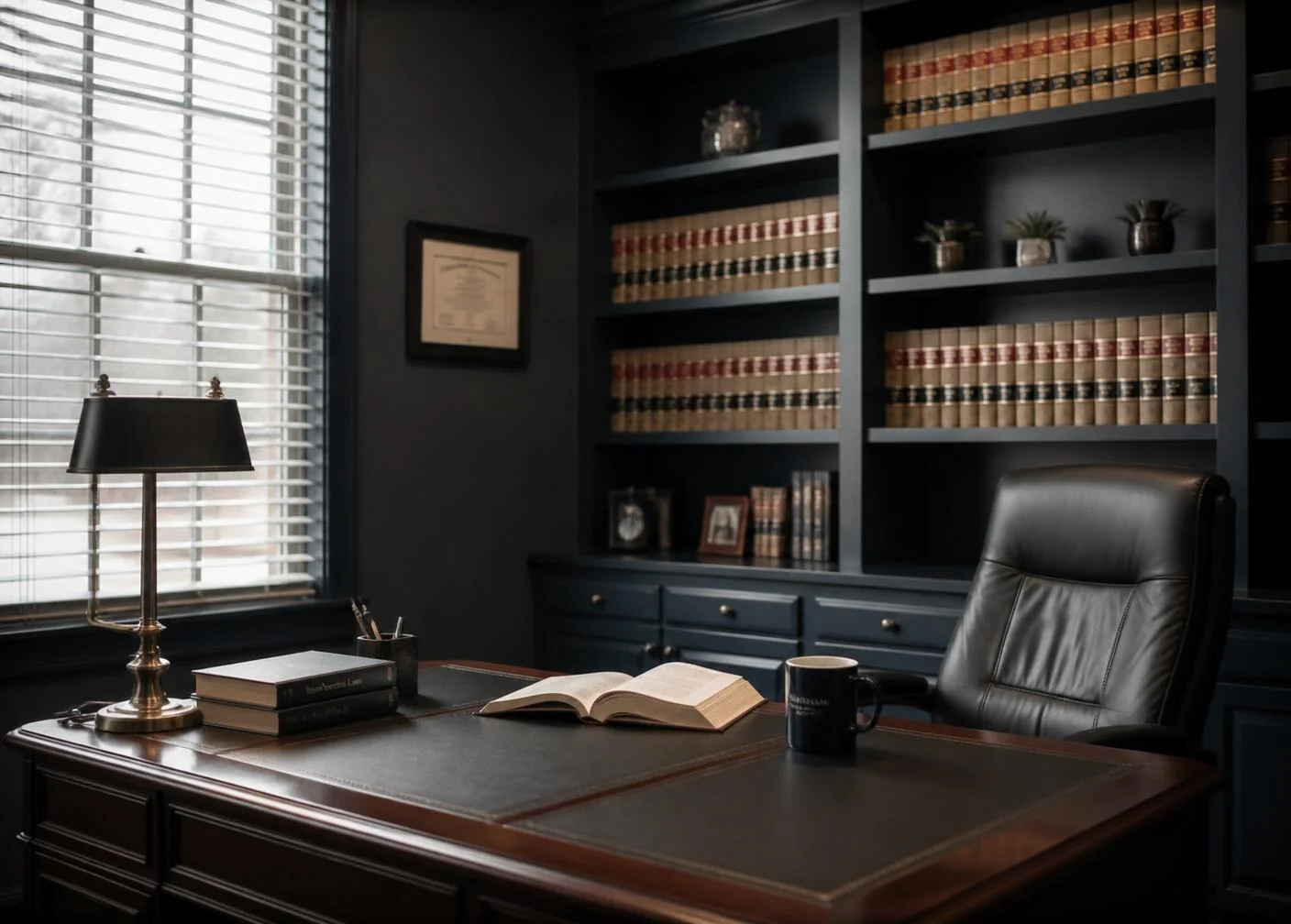 A quiet law office with case files and reference volumes