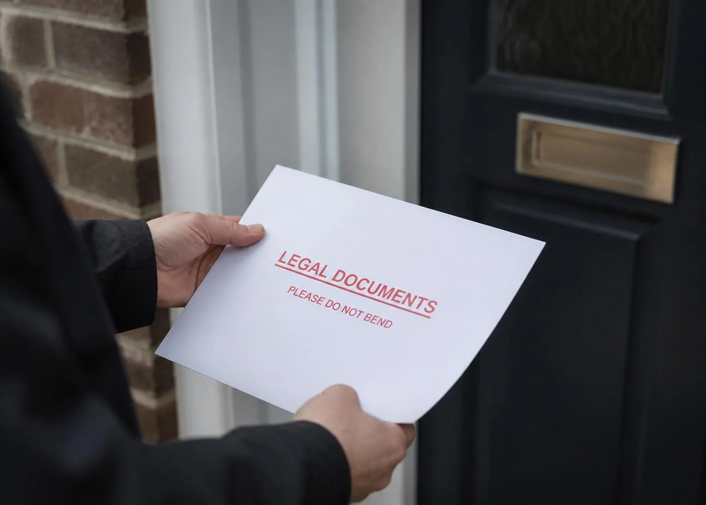 A registered process server carrying a sealed envelope of legal documents to a residence