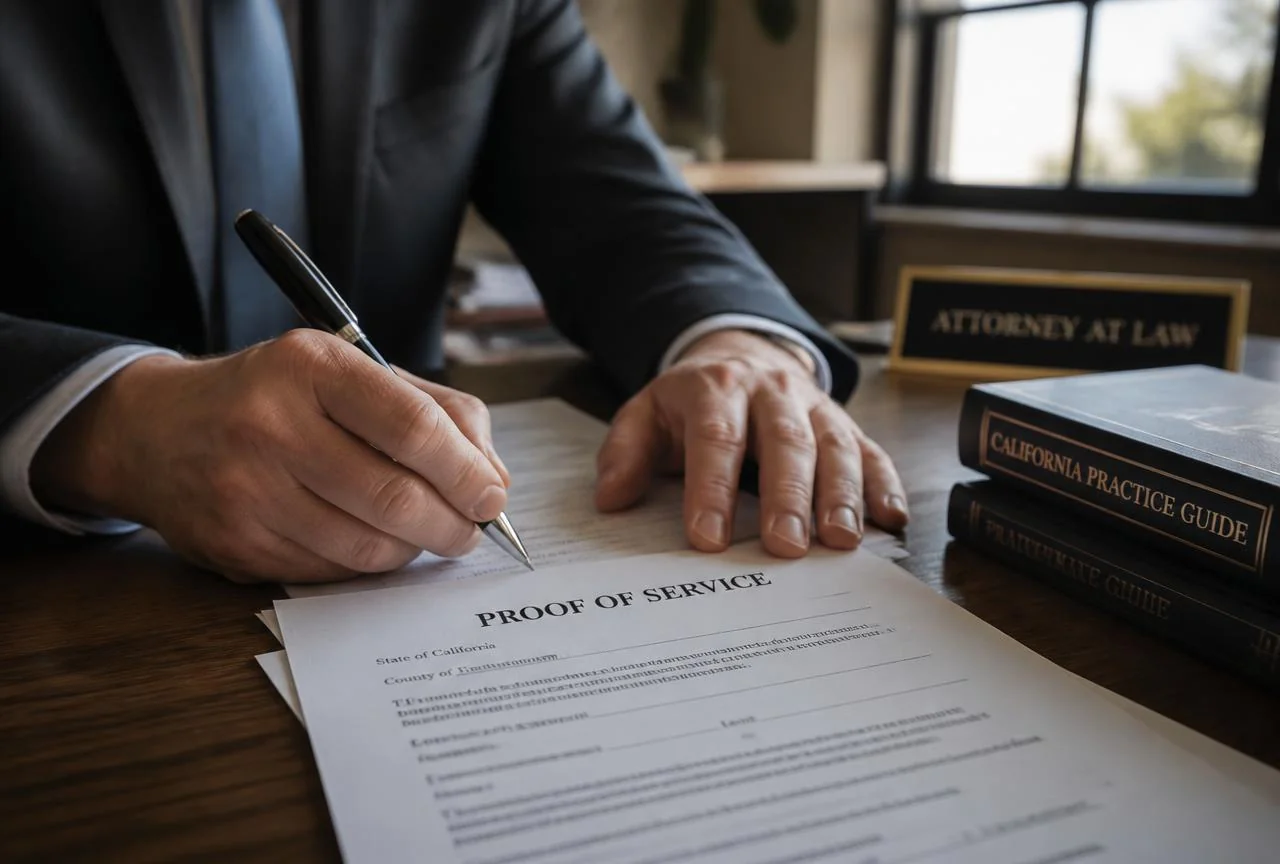 Signing a completed proof of service at a desk in a law office